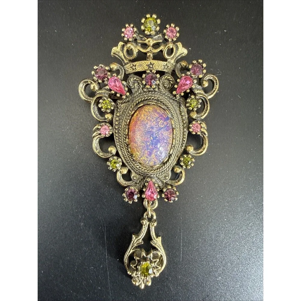 Vintage 1960s Sarah Coventry Contessa Brooch Ornate Faux Opal Stone Rhinestones